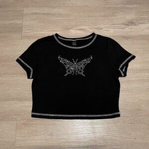 BLACK RHINESTONE CROP TOP (butterfly)(white stitched)